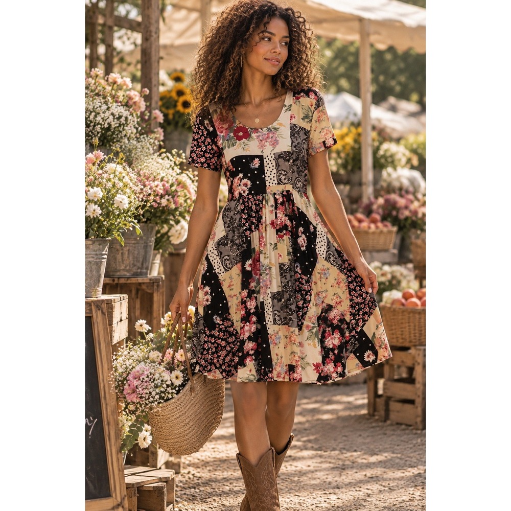 Vintage Jody California Patchwork Floral Dress 11 Medium USA Made Boho Prairie